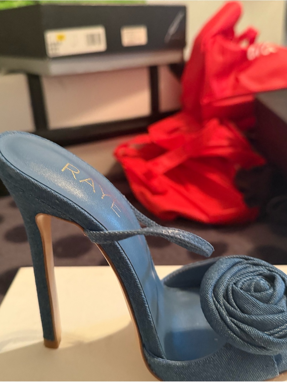 RAYE Blue Satin Stiletto Slide with Rosette Accent